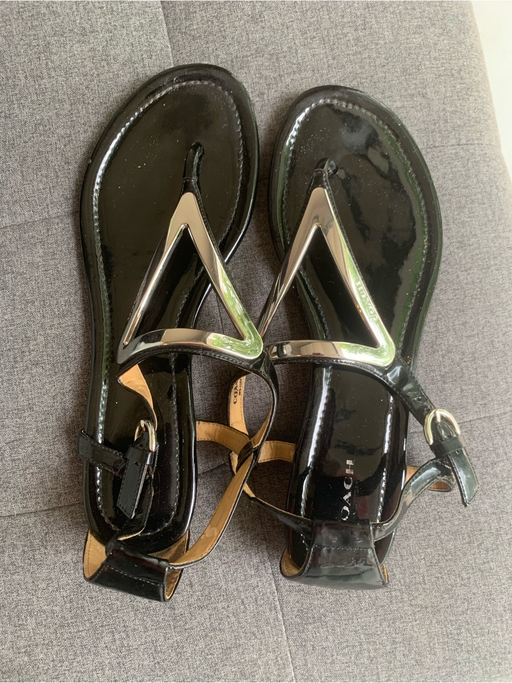 Coach Black Patent Leather Sandals with Silver Trim